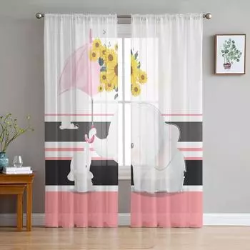 Cute Elephant Sunflower Sheer Curtains for Living Room Decoration Window Curtains for Kitchen Tulle Voile Organza Curtains W135 x H115cm x1