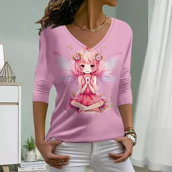 Милый эльф принт женские футболки женские топы с длинным рукавом V-образный вырез пуловер женские футболки футболка для женщин XS зелёный