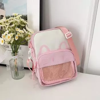 Cute embroidered cat messenger bag Harajuku trend transparent badge mobile phone bag pain bag small bag women s bag розовый