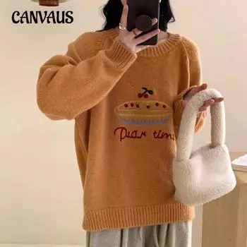 Милый вышитый свитер-пуловер женский осенне-зимний карамельный цвет круглый вырез свободный вязаный свитер топ в стиле колледжа One Size бежевый
