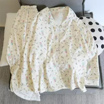 Cute Flower and Bear Pajama Set Long Sleeve Lapel Top and Elastic Waistband Pants Set Autumn Women s Sleepwear Loungewear M