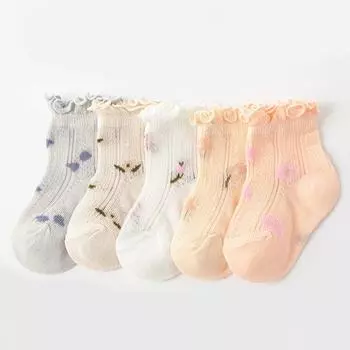 Cute Flower Baby Girl Socks Summer Mesh Breathable Newborn Short Socks Princes Ruffle Kids Thin Socks 5 Pairs 0-6M