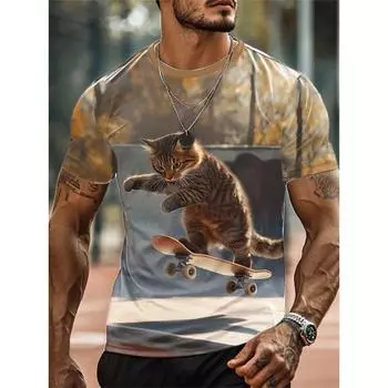 Cute Funny Cat Graphic Men s T-shirts Novelty Animals 3D Printed T-shirts Casual Short Sleeve Round Neck Tops XS