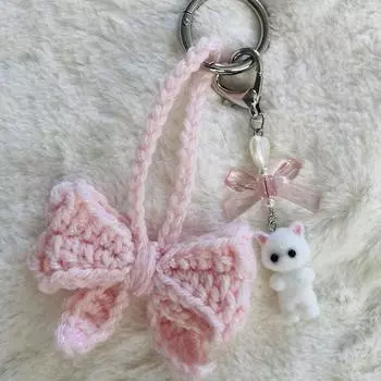 Cute Fuzzy Kitty Cat Heart Bow Keychain, Kitten, Kawaii, Pink Bow, Pearl Heart розовый
