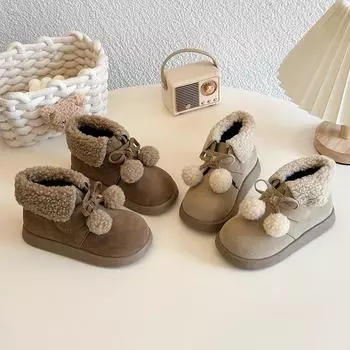 Cute Girls Cotton Boots Fashion Hairball Winter Children s Ankle Boots Versatile Short Kids Fashion Causal Snow Boot Breathable 21 хаки