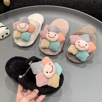 Cute Girls Winter Fur Slippers Fashion Flower Trend Kids Cotton Shoes Non-slip Soft Fluffy Versatile Children Warm Home Slippers 26-27 чёрный