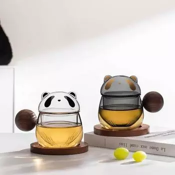 Cute Glass Panda Tea Cup Wooden Handle Filter Bubble Tea Cup Office Tea Mugs 300-400ML прозрачный