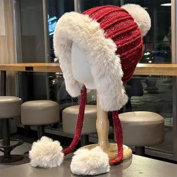 Милая шапка с ушками для волос, женская, осенне-зимняя, утолщенная, вязаная, универсальная, маленькая шерстяная шапка, теплая, для улицы, шапка Lei Feng M56-58cm красный