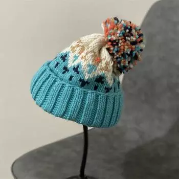 Cute hairball knitted wool hat Children s winter thickened warm ear protector Cold hat Student headgear M56-58cm чёрный