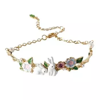Cute Hand Chain with Rabbits and Flower Pendant Adjustable Wristchain Stylish Bracelet Women Accessory for Daily Wear