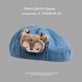 Cute Hat Beret Female 2023 New Arrival Sweet Denim All-Matching Jeans Denim Octagonal Cap Matching Face-Showing Small Hat C2614 Deer Head Denim Beret Adult Deep M(56-58cm)