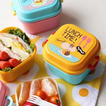 Cute Healthy Plastic Double Layer Lunch Box Cartoon Kids Bento Boxes Food Container Children Lunchbox BPA Free as show