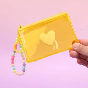 Cute Heart Pvc Transparent Handbag Coin Purse With Beads Chain Women Wallet Zipper Bag Wallet Earphone Key Storage Bag Girl Gift