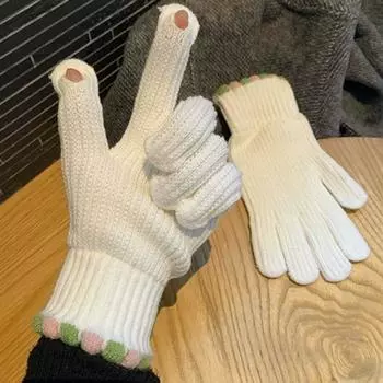 Cute Ins Small Candy Open Finger Wool Knitted Five-finger Gloves Winter Women Touch Screen Riding Thickened Couple Warm Light panel-White One size