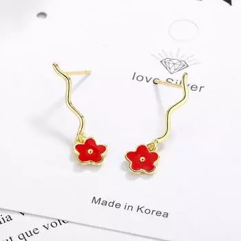 Cute Jewelry Delicate Girl Women Ear Stud Red/Yellow enamel Tiny Flower 925 Sterling Silver wave stud minimalist flower earring красный