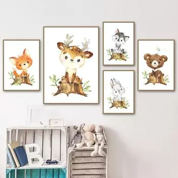 Cute Jungle Animals Nordic Posters Fox Rabbit Deer Zebra Squirrel Bear Wall Art Canvas Painting Wall Pictures Kids Room Decor 21x30cm No Framed