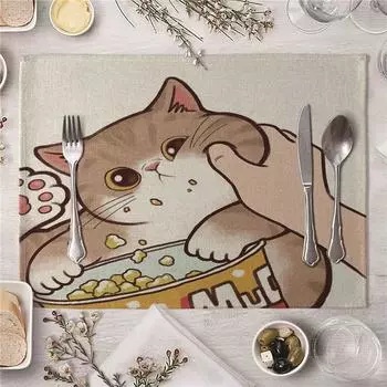 Cute Kiss Cat Pattern Kitchen Placemat Dining Table Mats Drink Coasters Western Pad Cotton Linen Cup Mat 45*32cm 1pcs 32x45cm