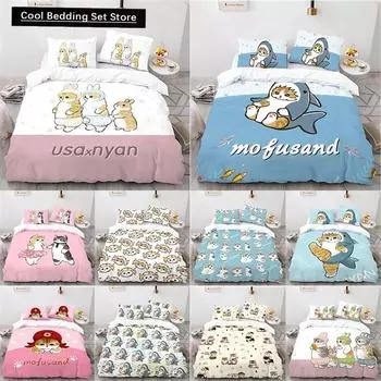 Cute Kitten Duvet Cover Pillow Case Mofusand Anime Shark Cat Bedding Set Single Double Queen Size Teen Gift Room Decor 150x200cm 3pcs