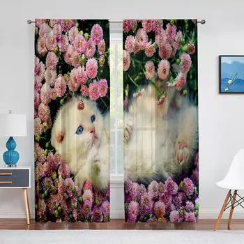 Милый котенок в цветах, прозрачная вуаль, каваи, кошка, животное, современные оконные тюлевые шторы для гостиной, спальни, кухни, декор 1 PCS W100XH250cm&Rod Pocket