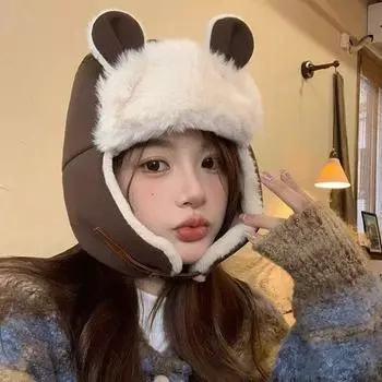 Cute Lei Feng hat female winter warm fleece thickened face small ear protection Northeast cycling cotton hat tide чёрный