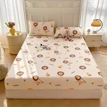 Cute Lion Fitted Sheet Set Cartoon Animal Theme 100% Cotton Skin-friendly Soft Bedding Set 3Pcs for Kids Boys Girls Room Decor 150x200x30cm 3Pc