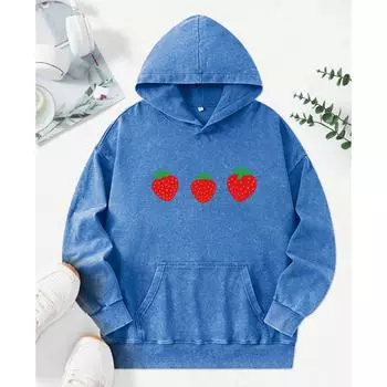 Cute Little Strawberry Print Washed Hoody Hip Hop Multicolor Streetwear Creativity Pullovers Street Pocket Women Hoodie L