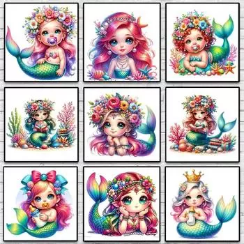 Cute Mermaid Princess Cartoon Illustration Abstract Posters Prints Canvas Painting Wall Art Picture Living Room Home Decor 21cm30cm NoFrame