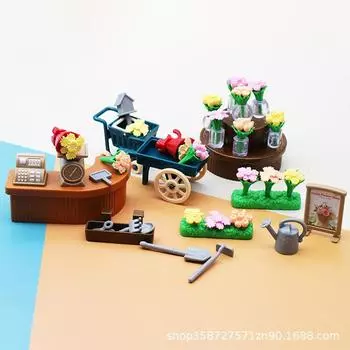 Cute Mini Ornament Simulation Store Doll House Flower Shop Trolley Children Boys Girls Play House Toys