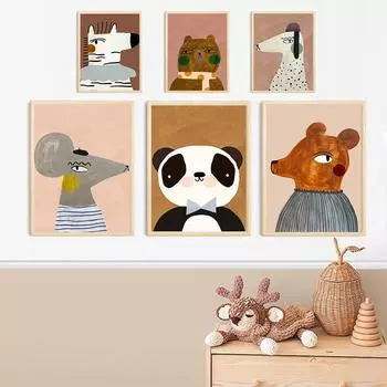 Cute Mouse Zebra Rabbit Bear Dog Cat Sheep Nursery Poster Nordic Wall Art Print Canvas Painting Pictures Baby Kids Room Decor 21x30cm No Framed