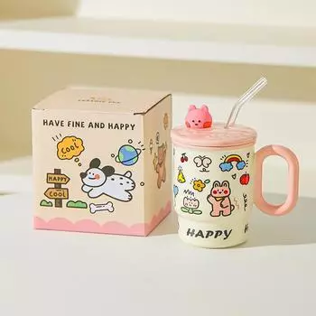 Cute Mug Boy and Girl Birthday Gift High Value Water Cup Creative Straw Cup Couple Cup Student Desktop Water Cup 301-400ml