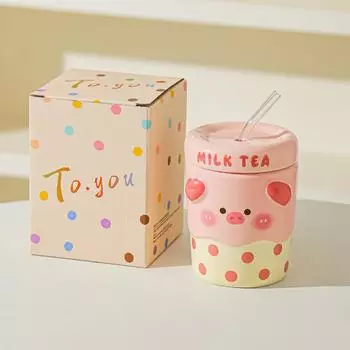 Cute Mug Couple Straw Cup with Lid Cup Gift Box Ceramic Cup Souvenir Birthday Gift Girl Practical 301-400ml