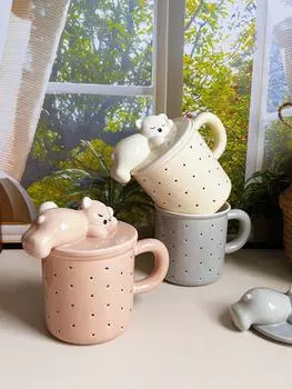 Cute mug with lid spoon high value ceramic cup office water cup breakfast cup female birthday gift