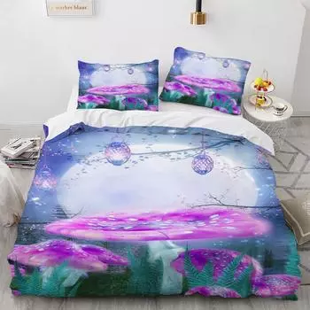 Cute Mushroom Pattern Polyester Bedding Set Magic Mushroom House King Queen Full Size Duvet Cover Set Adult Kids Comforter Cover 70x133cm 2pcs