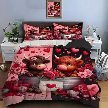 Cute North American Highland Cattle Print Bedding Set Duvet Cover 1 Duvet Cover 2 Pillowcases Adult and Kids Bedding Set Luxury EU single(135x200cm)
