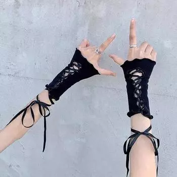 Cute Oversleeves Waste Soil Wind Gloves Bow Bandage Y2g Young Adult Series Cos Lolita Harajuku Sexy Lace Oversleeves Strap Black