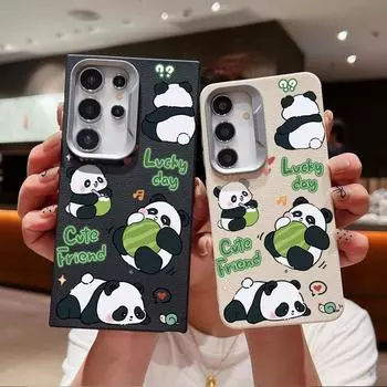 Cute Panda Animal Print TPU Slim Case For Samsung S24 FE S23 Ultra S22 S21 A55 A16 A54 A35 A34 A15 Matte Leather Texture Shockproof Soft Phone Cover Samsung S24 чёрный