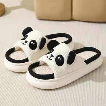 Cute Panda Four Seasons Household PVC Soft Bottom Couple Cartoon Cotton Linen Slippers 36-37