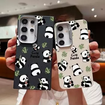 Cute Panda Pattern Matte Leather Texture Case For Samsung S24 FE S23 Ultra S22 S21 A55 A16 A54 A35 A15 A34 A14 TPU Soft Slim Shockproof Phone Cover Samsung S24 чёрный