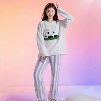 Cute Panda Soft Sleepwear for Women, Winter New Arrivals, Half-satin Yarn with Zipper for Wear Indoors or Outdoors, 2-piece Set One Size белый