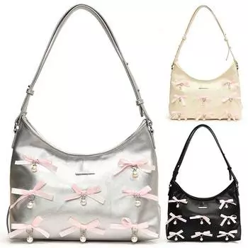 Милая модная сумочка с жемчужным бантом из искусственной кожи, клатч с регулируемым ремешком, сумка через плечо для женщин и девочек серебряный