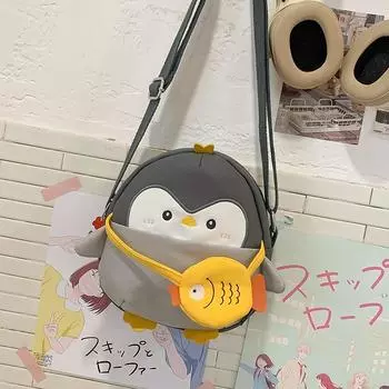 Cute Penguin Messenger Bag 2025 New Girl Cartoon Children Student Versatile Casual Shoulder Bag Good-looking Dark gray bag without pendant