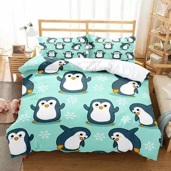 Cute Penguin Pattern Duvet Cover Set Cute Kawaii Animals For Boys Girls Bedroom Decor Polyester Comforter Cover King Queen Size EU single(135x200cm)