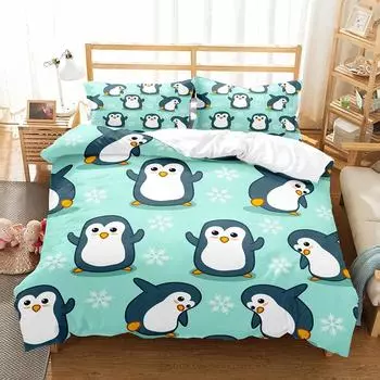 Cute Penguin Pattern Duvet Cover Set Cute Kawaii Animals For Kids Girls Bedroom Decor Polyester Comforter Cover King Queen Size 70x133cm 2pcs
