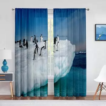 Cute Penguins Wildlife Tulle Curtains Icebergs Antarctica Nature Scene Sheer Voile Curtain for Living Room Bedroom Kitchen Decor 1 PCS W100XH250cm&Rod Pocket