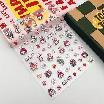 Cute Pink Labubu Embossed Nail Art Sticker Cartoon Waterproof Stickers Water Bottle Laptop Skateboard Scrapbook Nail Accessories