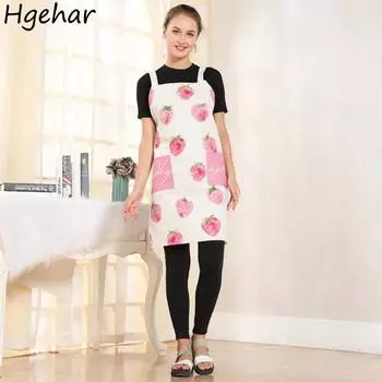 Cute Pink Strawberry Printed Aprons Home Cotton Linen Sleeveless Unisex Kitchen Korean Style Fashion Work Clothes Simple Daily OneSize земляничный