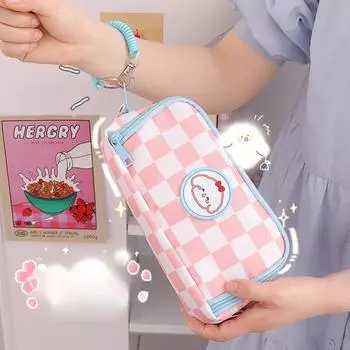 Милые пеналы в клетку большой емкости Kawaii Pouch Bag Box Back To School Supplies Korean Organizer Candleware