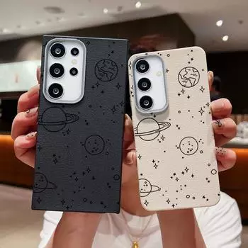 Cute Planet Print Slim TPU Soft Case For Samsung S25 S24 FE S23 Ultra S22 S21 A16 A56 A55 A54 A36 A35 A15 A34 Matte Leather Texture Shockproof Cover Samsung S25 чёрный