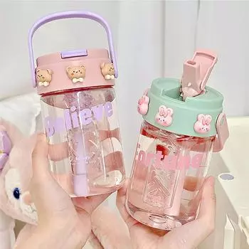 Милая пластиковая бутылка для воды с ситечком для чая, портативная спортивная, большая емкость, для студентов, детей, соломинка, чашка для разделения чая 501-600ml