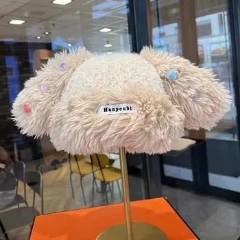 Cute plush hat women s autumn and winter long ears handmade knitted warm pullover hat thickened plush cold protection ear hat хаки